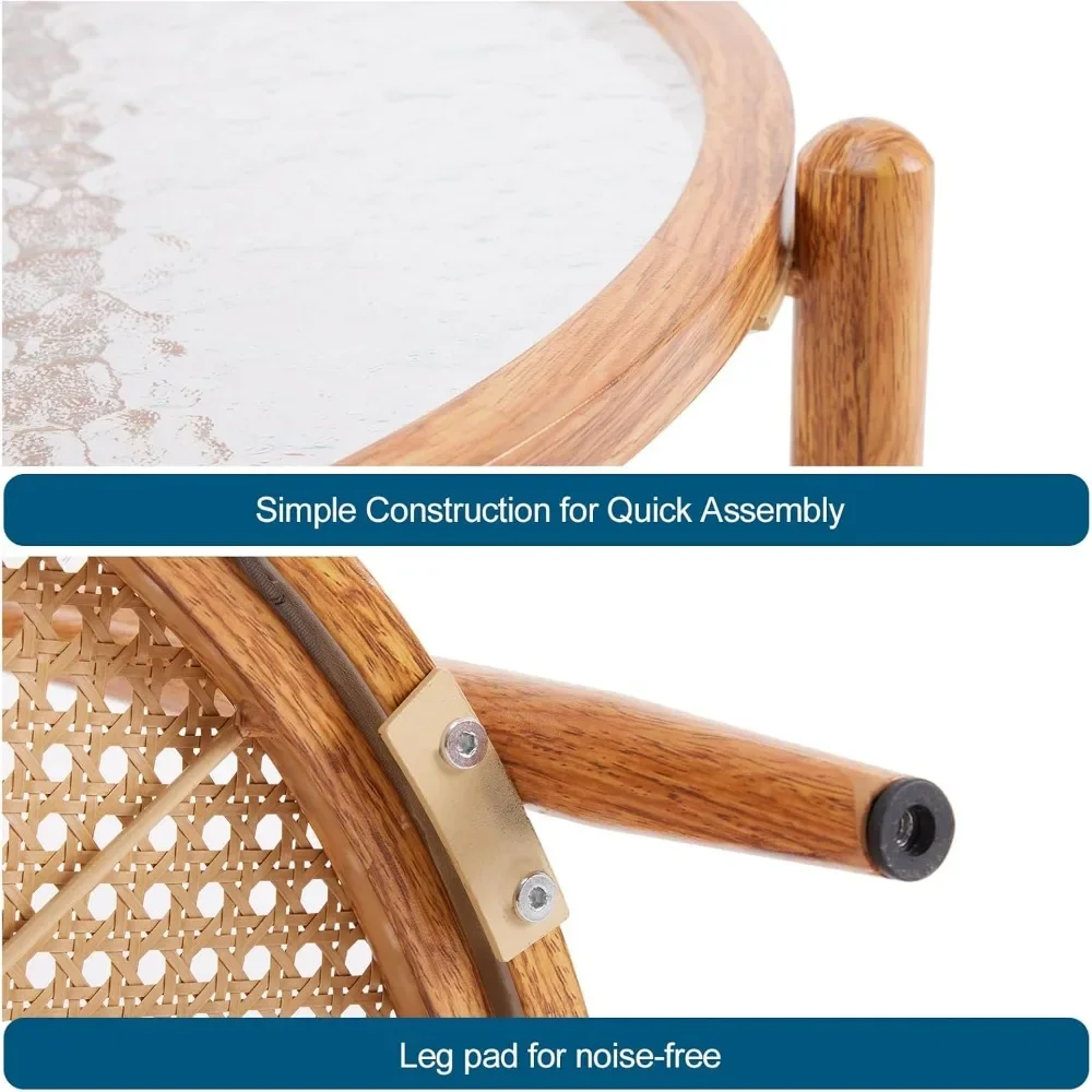 25.6" Rattan Coffee Table, Round Water-Wave Glass Metal Center Table  Modern Coffee Table