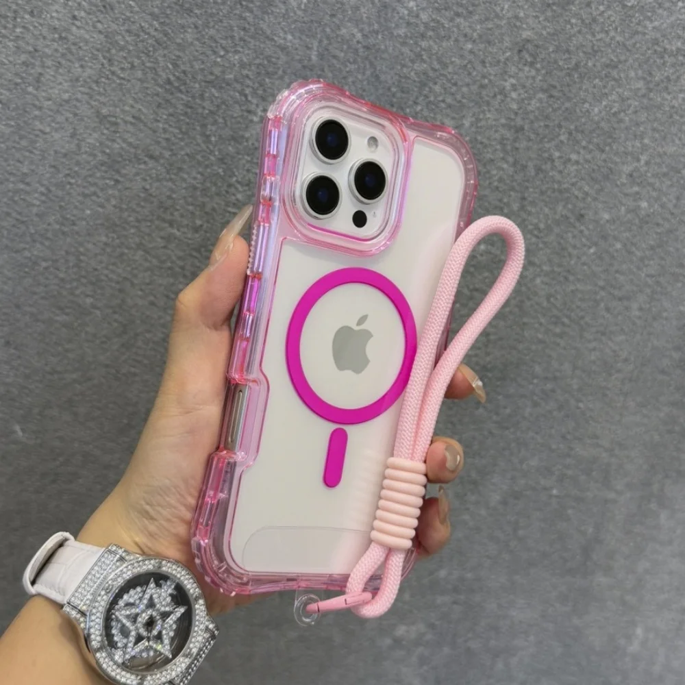 Mode Candy Farbe Klar Fall für IPhone 17 Air 16E 15 14 Plus 13 12 11 Pro Max magnetische stoßfeste Handgelenk Strap Lanyard Abdeckung