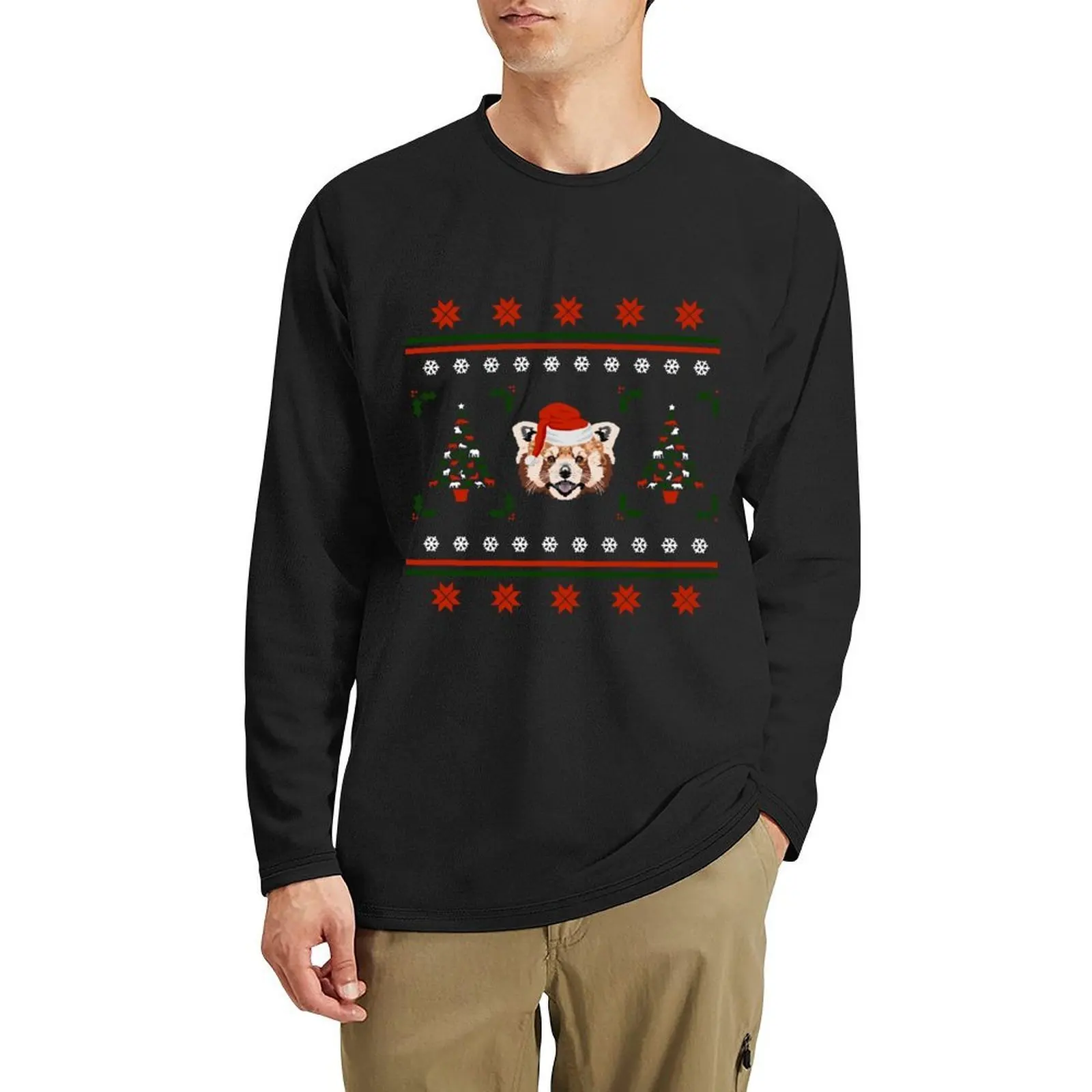 Ugly Christmas Sweater - Red Panda Long T-Shirt cute tops quick drying t-shirt graphic t shirts T-shirts for men cotton