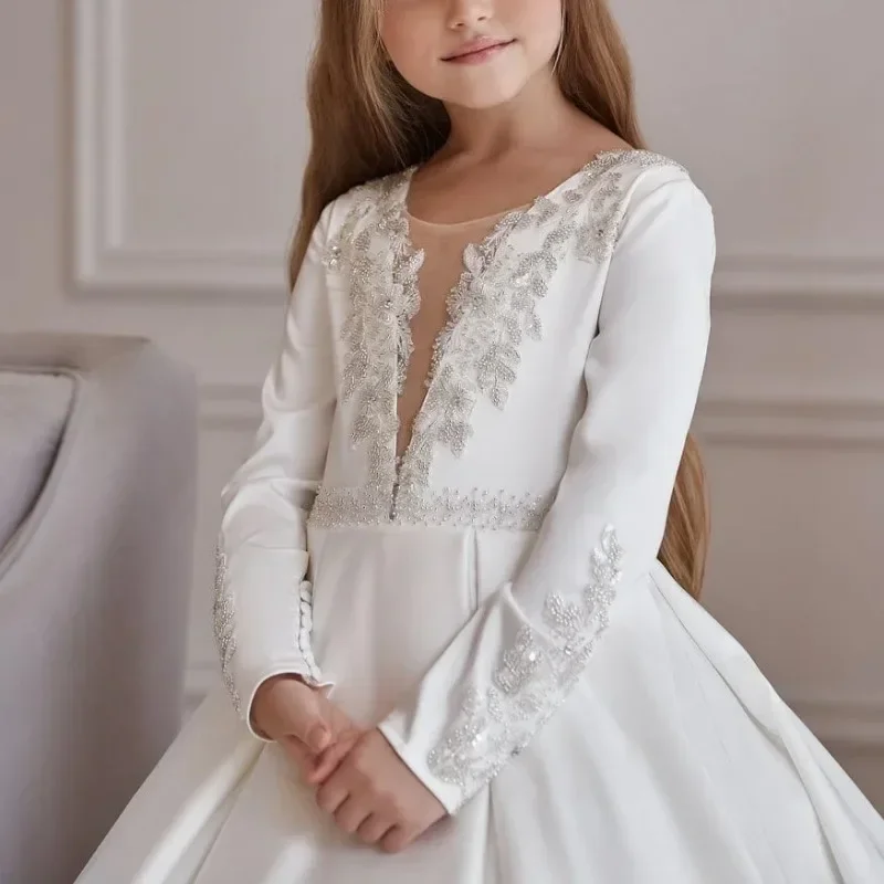 Ivory Flower Girl Dress Hollow V-neck Back Beaded Lace Button Baby Girl Birthday Wedding Princess Party First Communion Gown