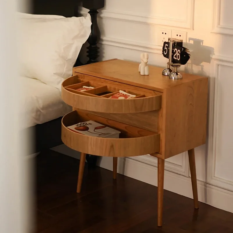 

Retro solid wood rotating bedside table dresser rattan dressing table integrated bedside storage side cabinet rack