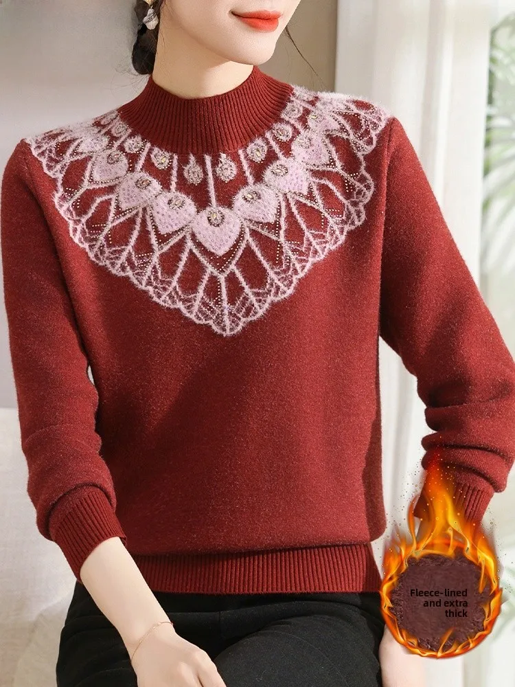 

Thiened Fce Lined Knitted Sweater for Middle-Aged Mothers Winter Faion plus Size Top Mid-Aged Women's Autumn Winter Cl...