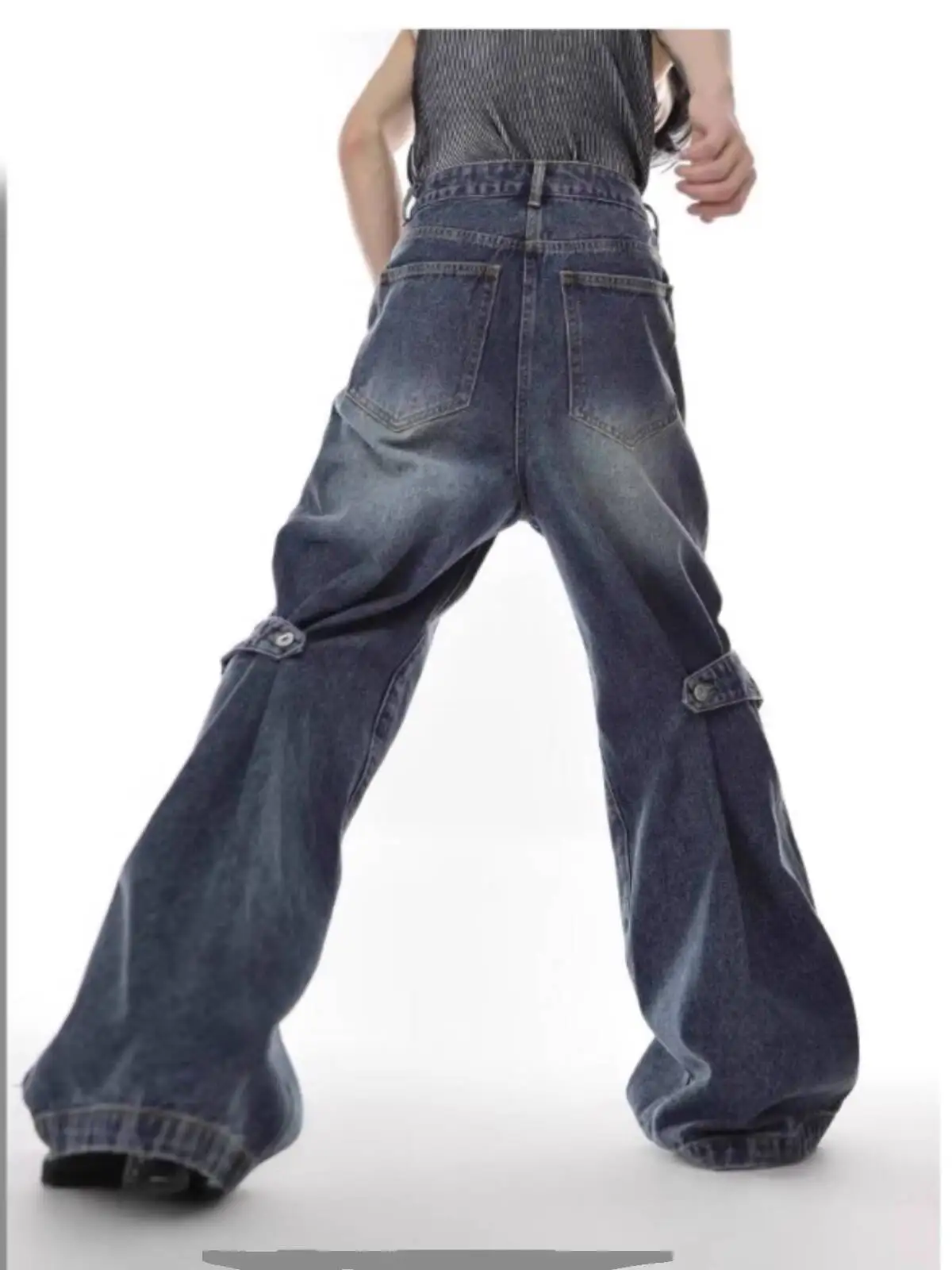 للجنسين الجينز 2025 جديد المرقعة رجل جينز غير رسمي المرأة ريترو مفكك البضائع للتحويل مضيئة الدينيم بنطال ذو قصة أرجل واسعة #4