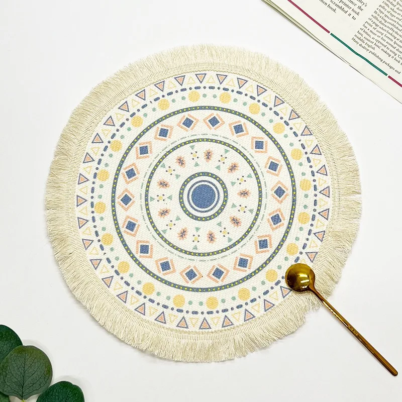 Bohemian cotton thread placemat Nordic fabric woven round mat home kitchen insulation anti-scald mat fringed table coaster