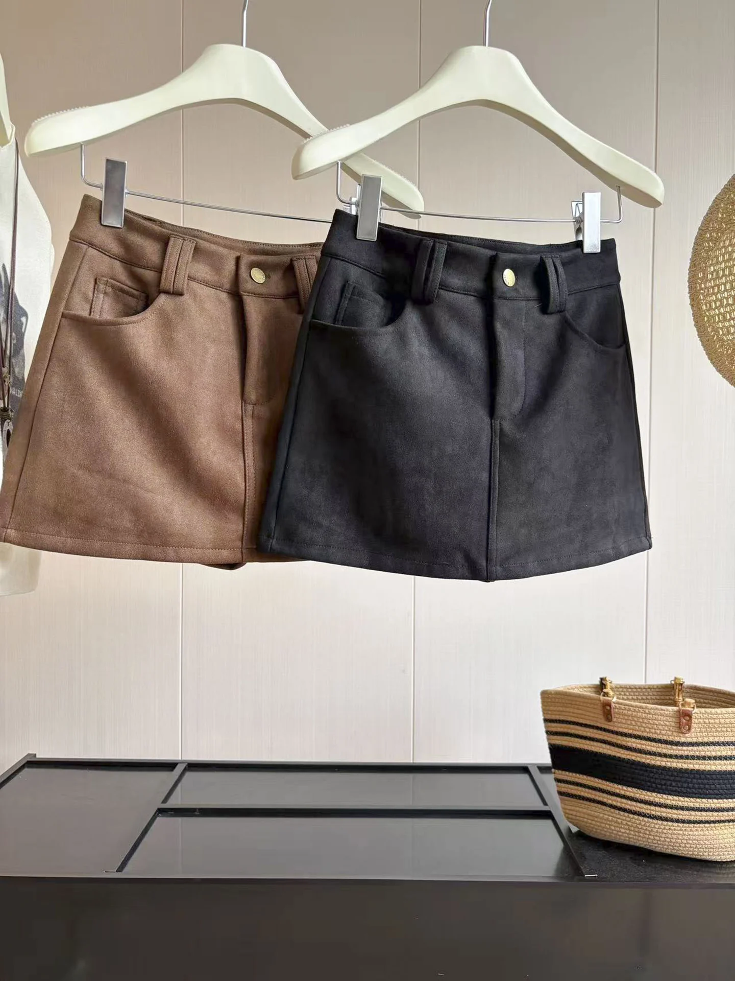 Tight Fit Brown Deer Skin Velvet Short Skirt Women's Autumn Winter Outerwear Leather Shorts Skirt Match Boots A-Line Skirt