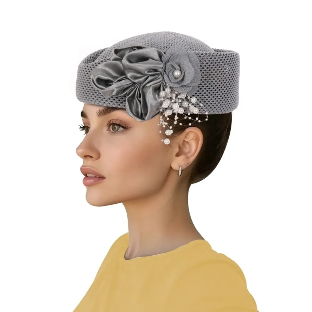 New With Flower Straw Pillbox Hat Solid Structured Crown Round Dress Hat Vintage Style Round Shape Brimless Cap Women's