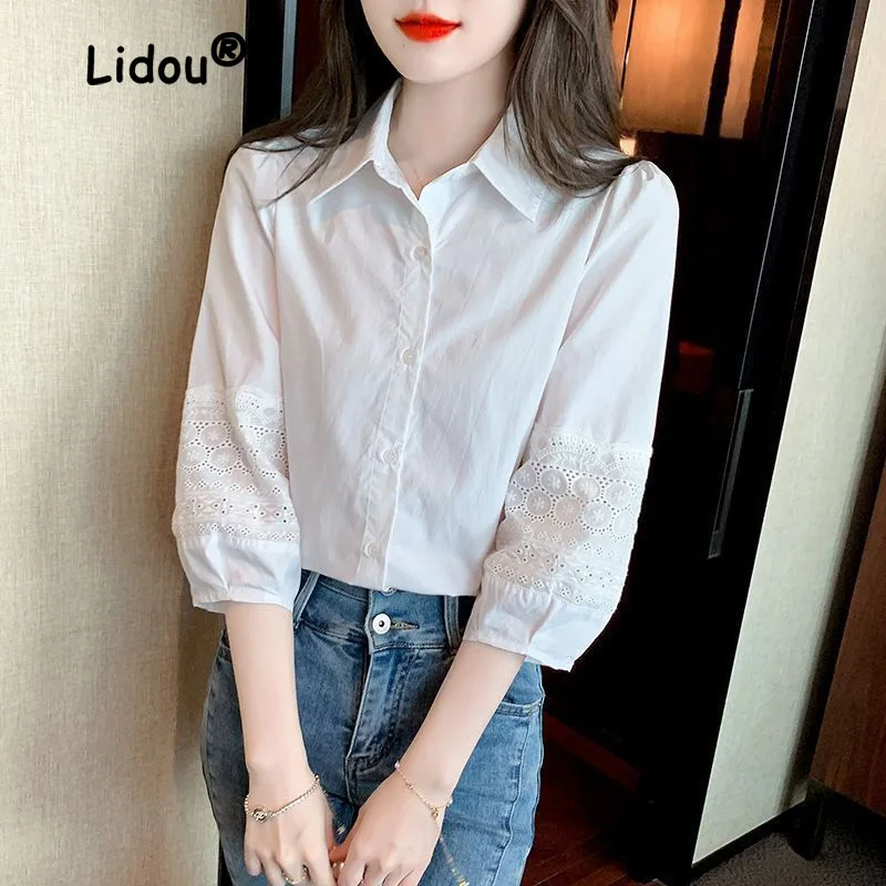 Elegant Solid Color Cotton Single-breasted Blouse Women Classic Three Quarter Hollow Out Lady Office Polo Collar Lady Shirt