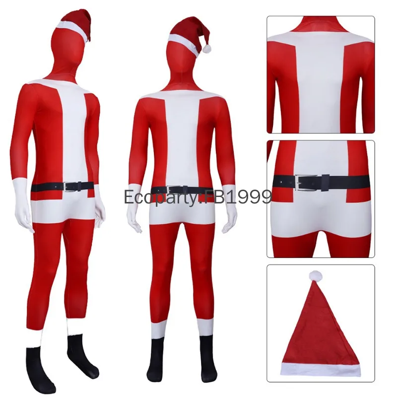 

Новый карнавальный костюм Санта-Клауса для взрослых и детей, рождественский красный облегающий комбинезон с длинными рукавами, 2025 год, мужской и женский костюм на Хэллоуин