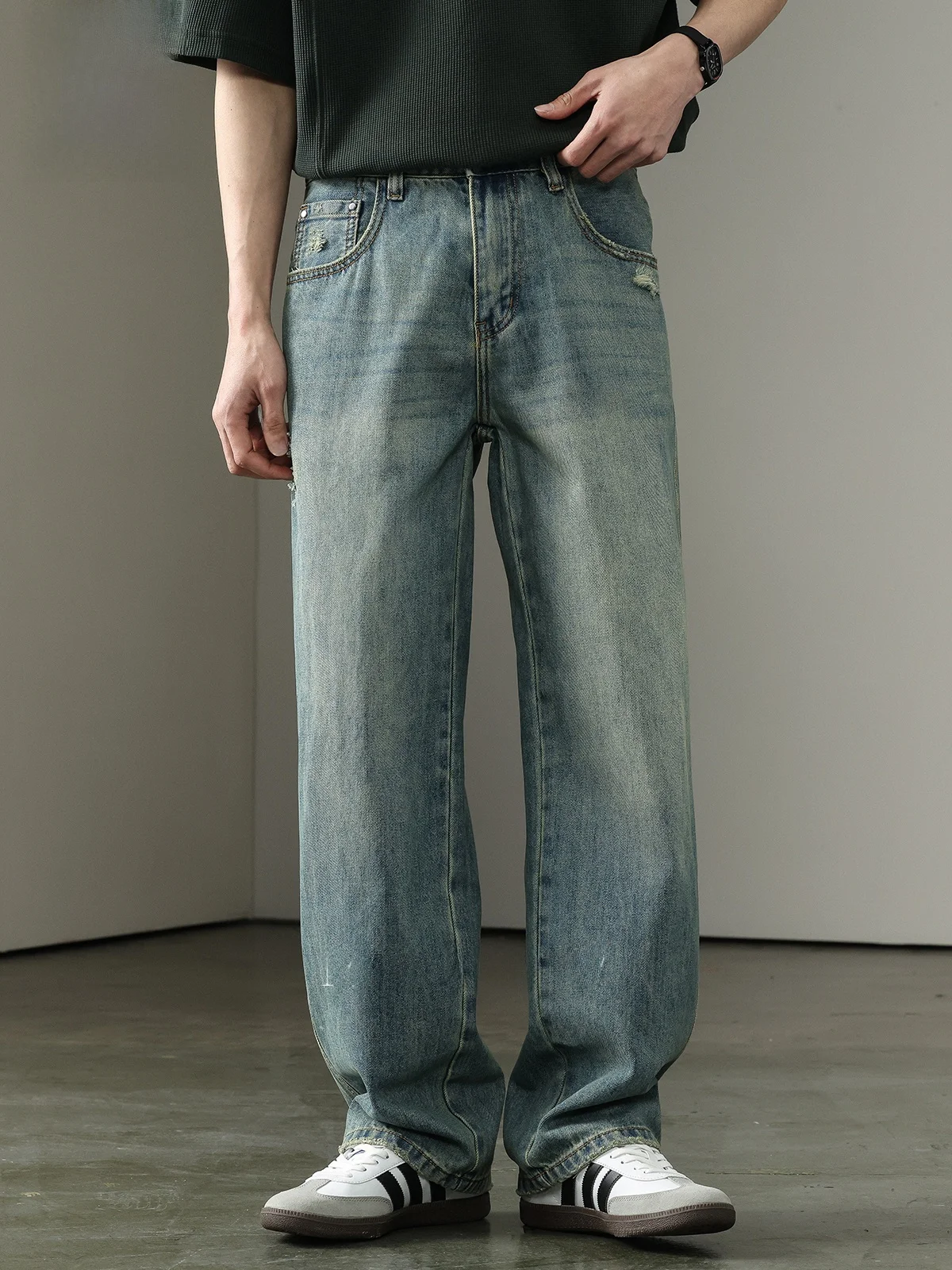 

Мужские джинсовые джинсы с завышенной талией, модные прямые брюки свободного покроя, повседневные брюки для поездок на работу, молодежные джинсы на молнии со средней талией