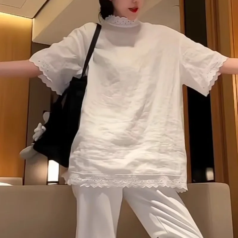 

Elegant Lace Splice Loose Casual Design Short Sleeve Stand Collar T-Shirt Women's Small Shirt Spring New Style Korean Version