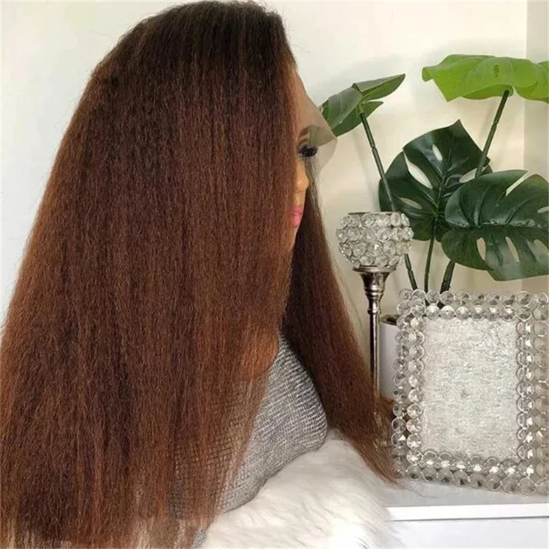 180Density 26“ Long Yaki Kinky Straight Lace Front Wig For Women BabyHair Ombre Brown Preplucked Heat Resistant Synthetic Wig