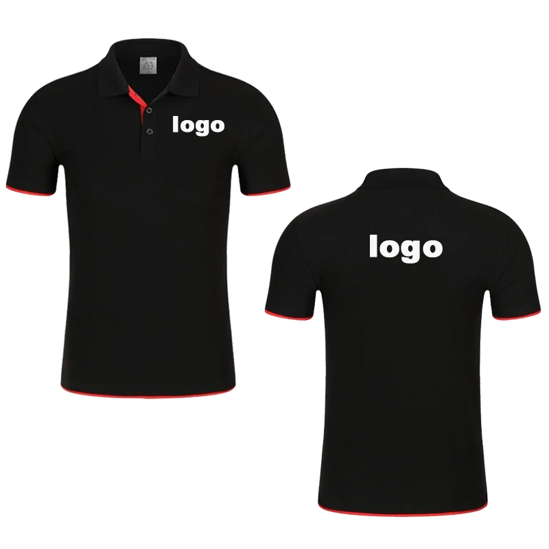 Unisex Custom Embroidered Logo Polo Shirt Black With Red Cuff Placket Hem Trim Short Sleeve Lapel Business Uniform Summer Breath