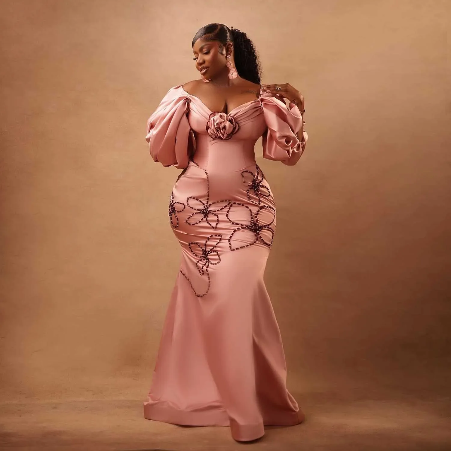 

Pink Mermaid Ball Dress African Women's V-neck Birthday Dress Fluffy Sleeves Beaded Flower Wedding guest dress Custom