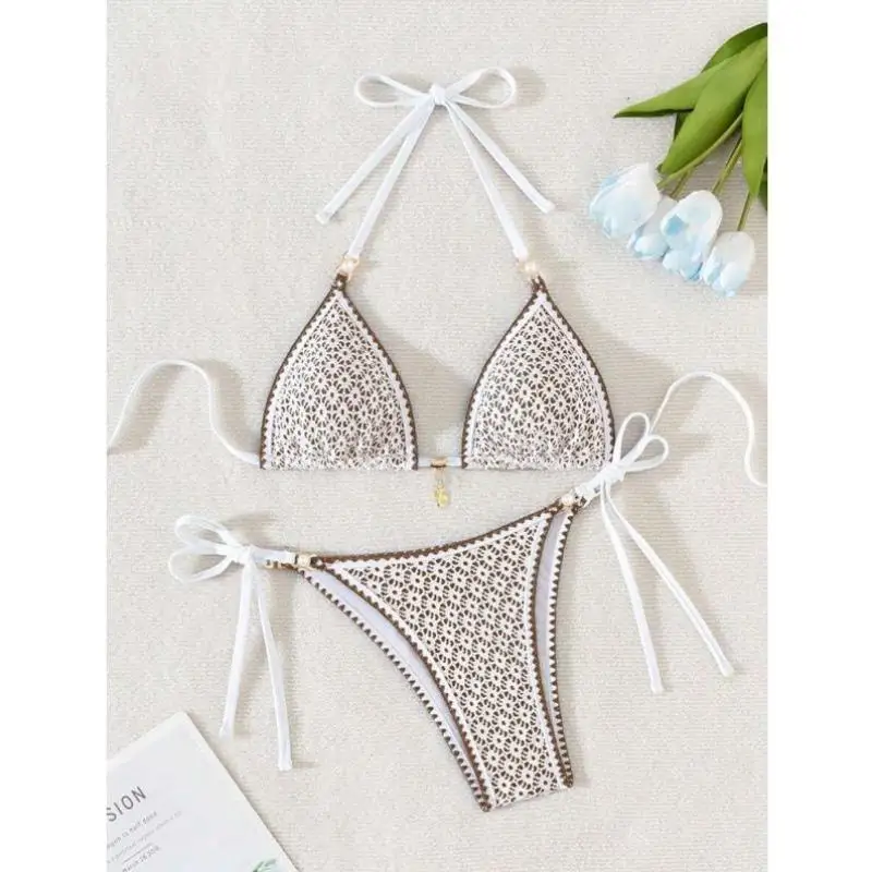 

M 69527 New Cross-Border Women's Color See-Tough Fabric Hollow ell Pearl Casual Sportswear Set Seven-Quarter Sve