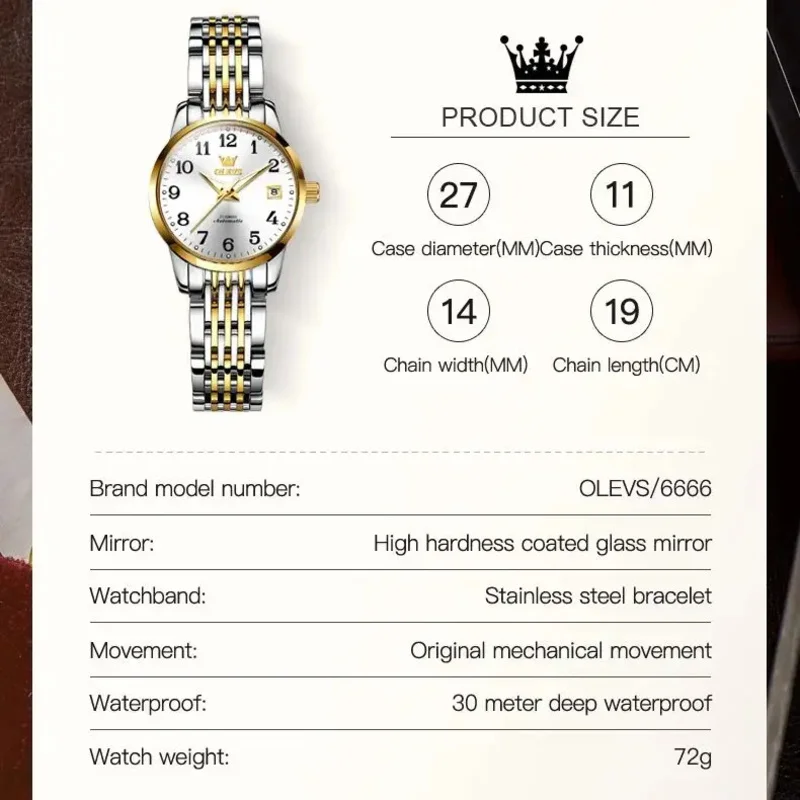 Olevs 6666 Fashion Business Women\'s automatic mechanical watch luxury waterproof stainless steel dress Women\'s Watch Reloj Mujer