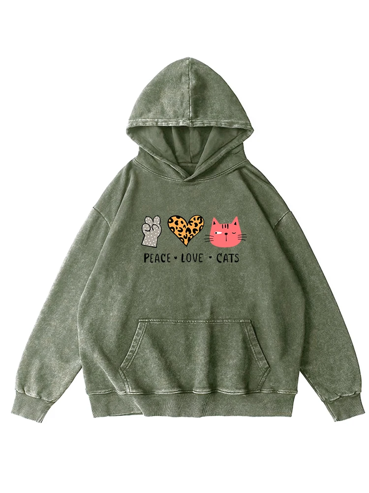 

Peace Love Cats Kawaii Printed Distressed Washed Hooded Female Fashion Oversize Hoody Vintage Cotton Hooded Casual Soft Pullover