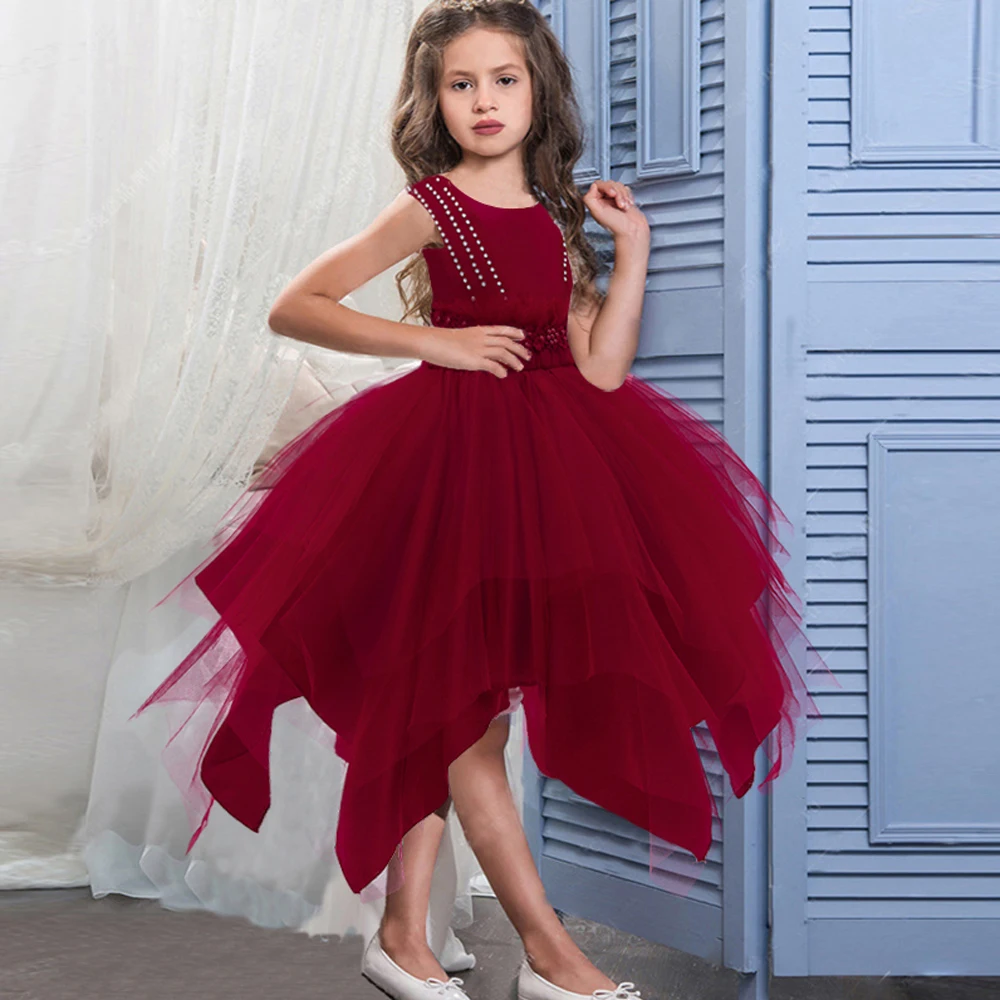 Fashion Bridemaids Girls Dress Elegant Flower Tulle Birthday Princess Kids Party Dresses for Girl Bow Wedding Evening Prom Gown