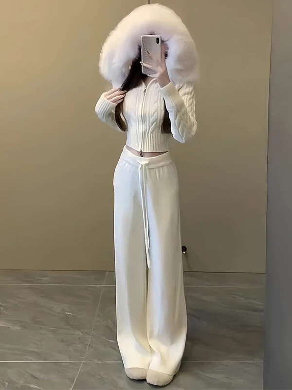 

Fashionable Knitted Short Coat And Wide Leg Pants Two Piece Set for Women High Waist Comfortable Fit Winter Outfit Combo