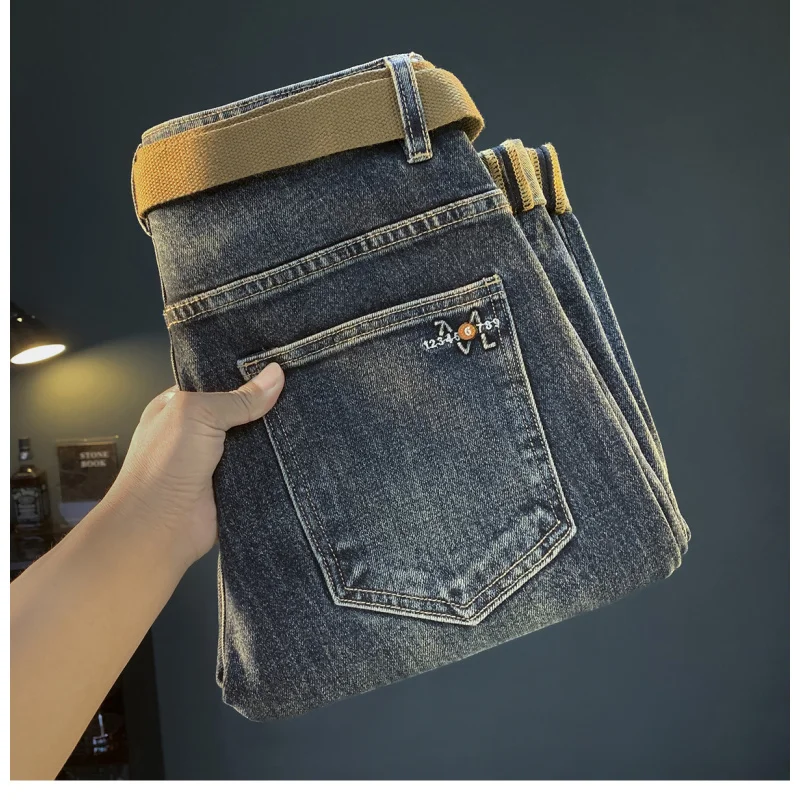 

Высококачественные мужские джинсы 2025 года, осенне-зимние толстые стильные модные повседневные маленькие синие потертые эластичные мужские брюки-шаровары