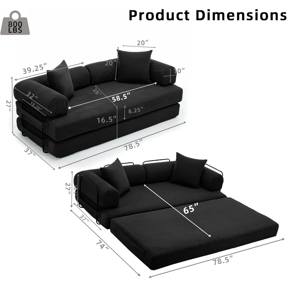 أريكة سرير قابلة للتحويل 4 في 1 بحجم كينج مع وسائد قابلة للإزالة وقاعدة قابلة للطي غير قابلة للانزلاق للمعيشة المريحة