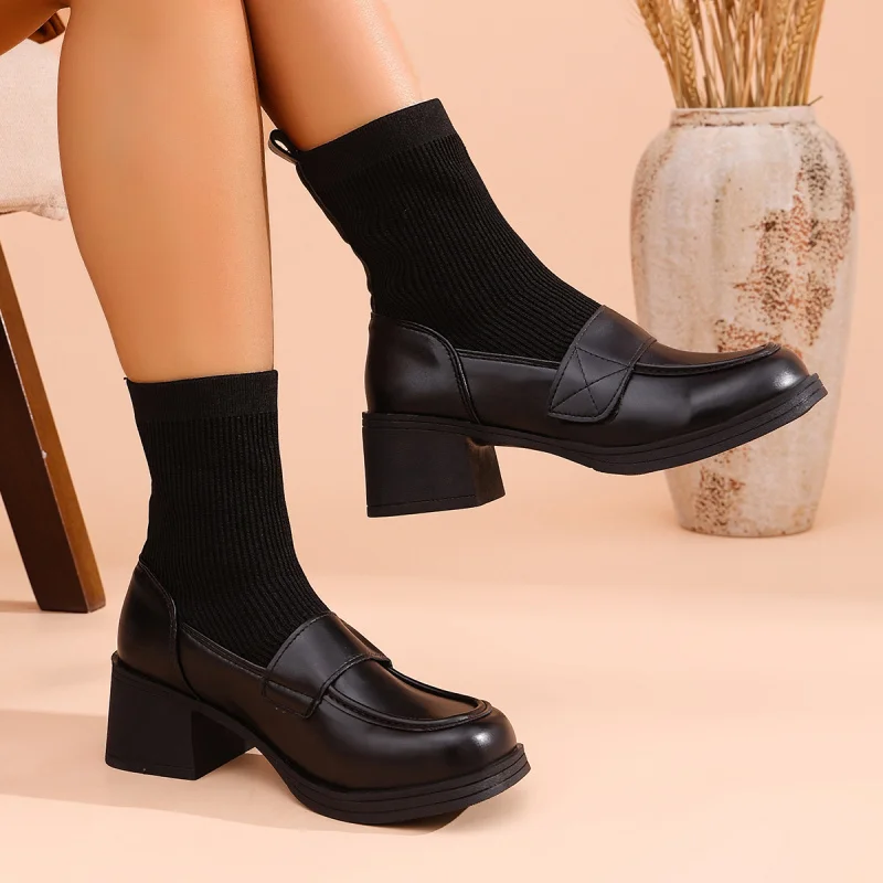 

Зимние женские короткие сапоги 2026 года в французском стиле с вязаными манжетами – с квадратным носком, на массивном каблуке, облегающие, эластичные сапоги на высоком каблуке