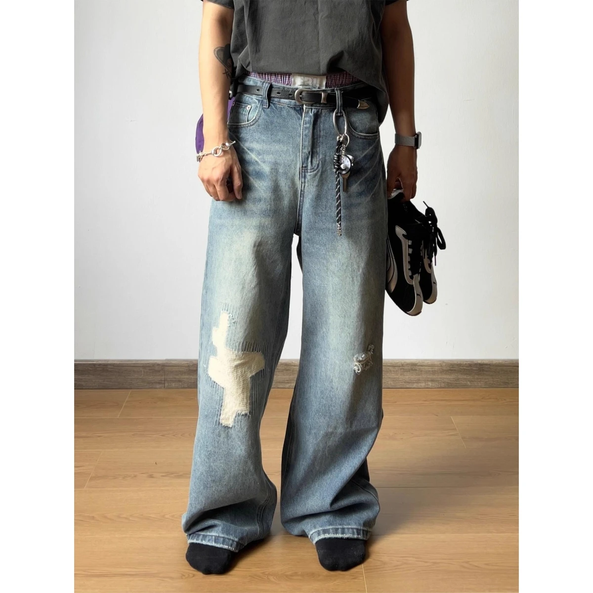 

Джинсы прямого кроя в стиле ретро-американский дизайн, мужские, универсальные, свободные, для пар, повседневные, из денима