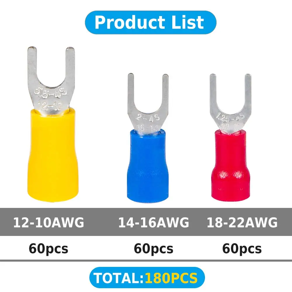 180Pcs 22-16AWG 16-14AWG 12-10AWG Insulated Fork Spade U-Type Wire Connector Electrical Crimp Terminal Assortment Kit