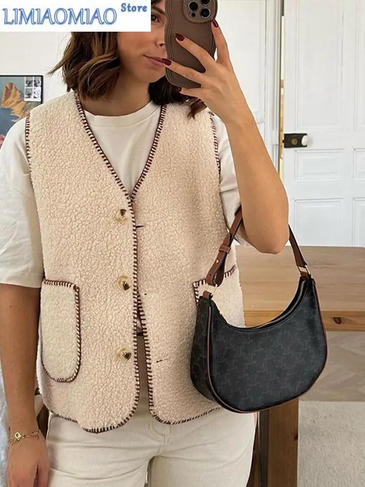 

Women Lamb Wool Patchwork Vest Elegant V-neck Sleeveless Single-breasted Female Waistcoat 2024 Autumn Lady Street Outerwear