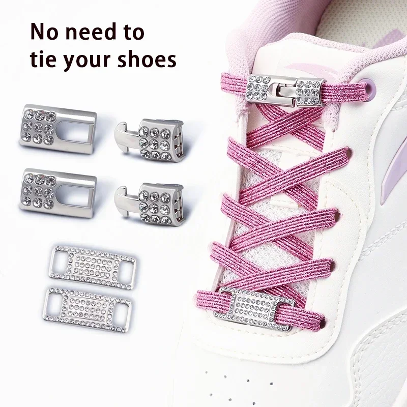 Women's Bling Diamond Cross Locks Elastic No-Tie Shoe Laces Charms Luxury Smart Buckle for Metal Shoelaces Sneakers