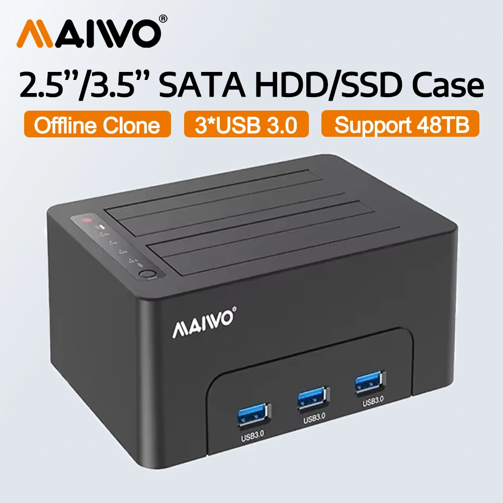 MAIWO Dual Bay 2.5 3.5 Inch SATA HDD SSD Case for Offline Clone with 3*USB3.0 Hub Extension 48TB Capacity Hard Drive Enclosure