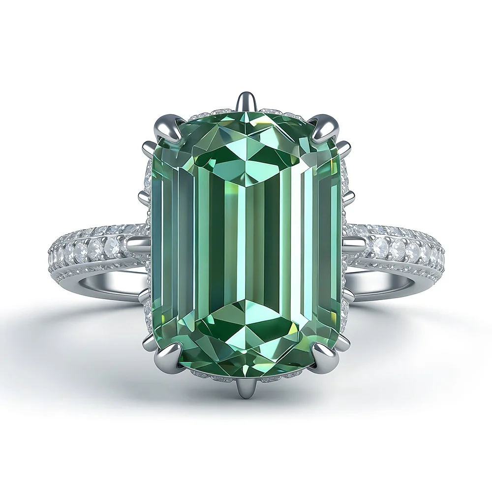 

New 925 Silver Ring 10x14mm Paraiba Green High Carbon Diamond Luxury Ladies Ring