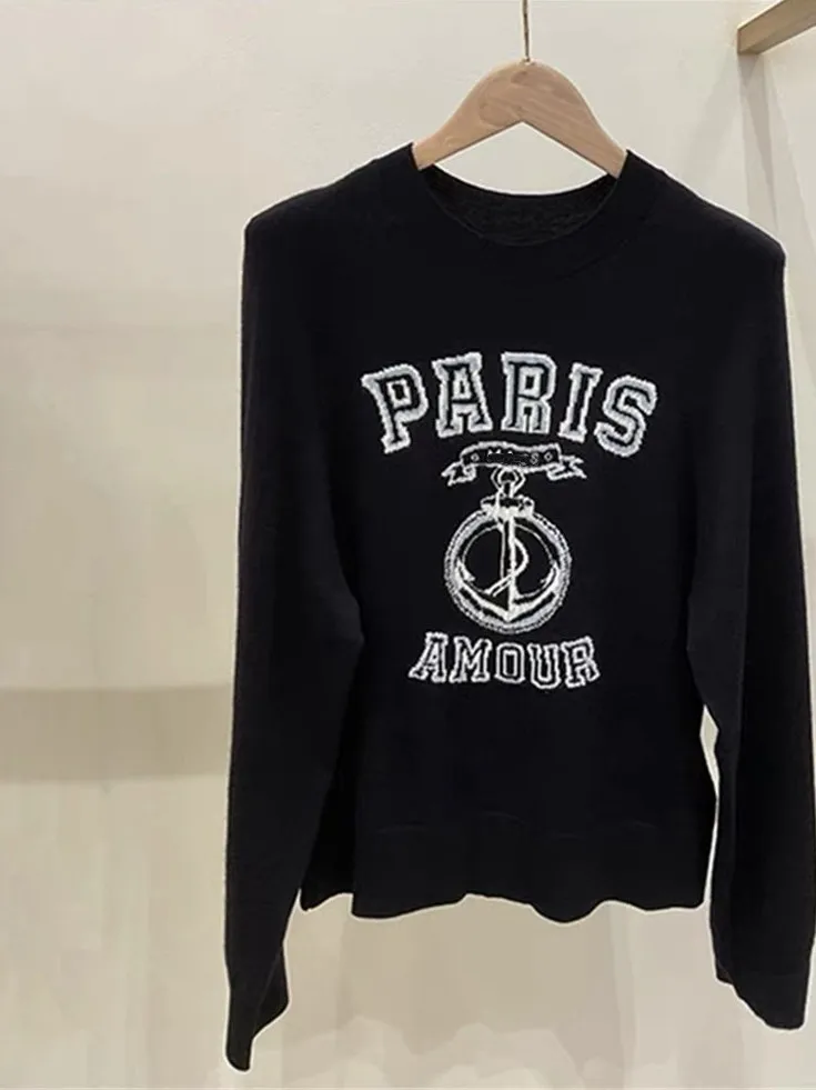 

Элегантный женский вязаный свитер с длинными рукавами и круглым вырезом, с вышивкой букв, премиум-версия, европейский стиль, темно-синий, модный