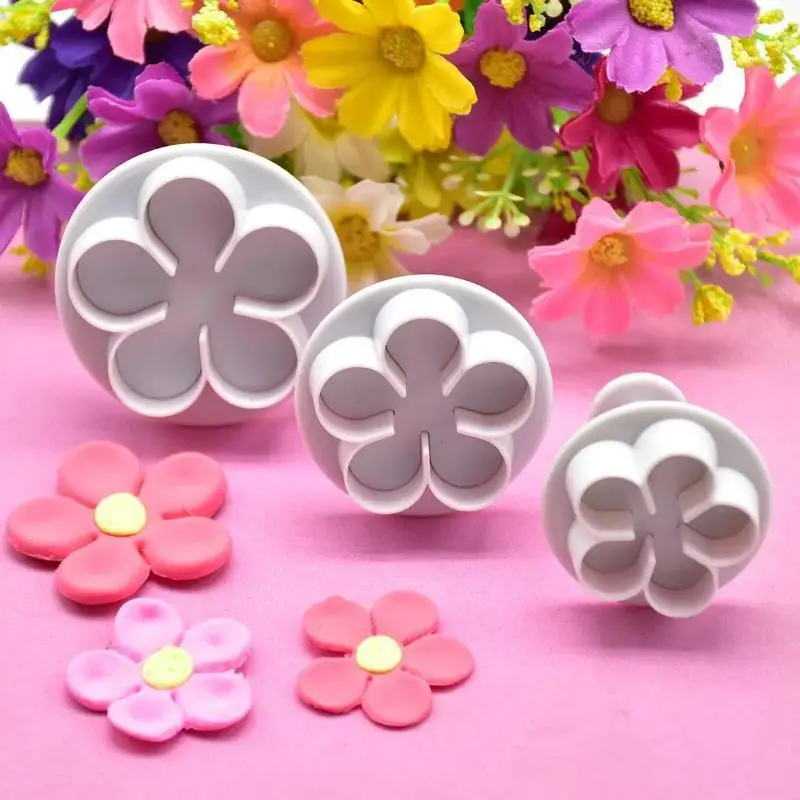 3Pcs Flower Plunger Cookie Cutter DIY Blossom Flower Cake Fondant Mold Plastic Cake Decorating Tools Baking Accessories