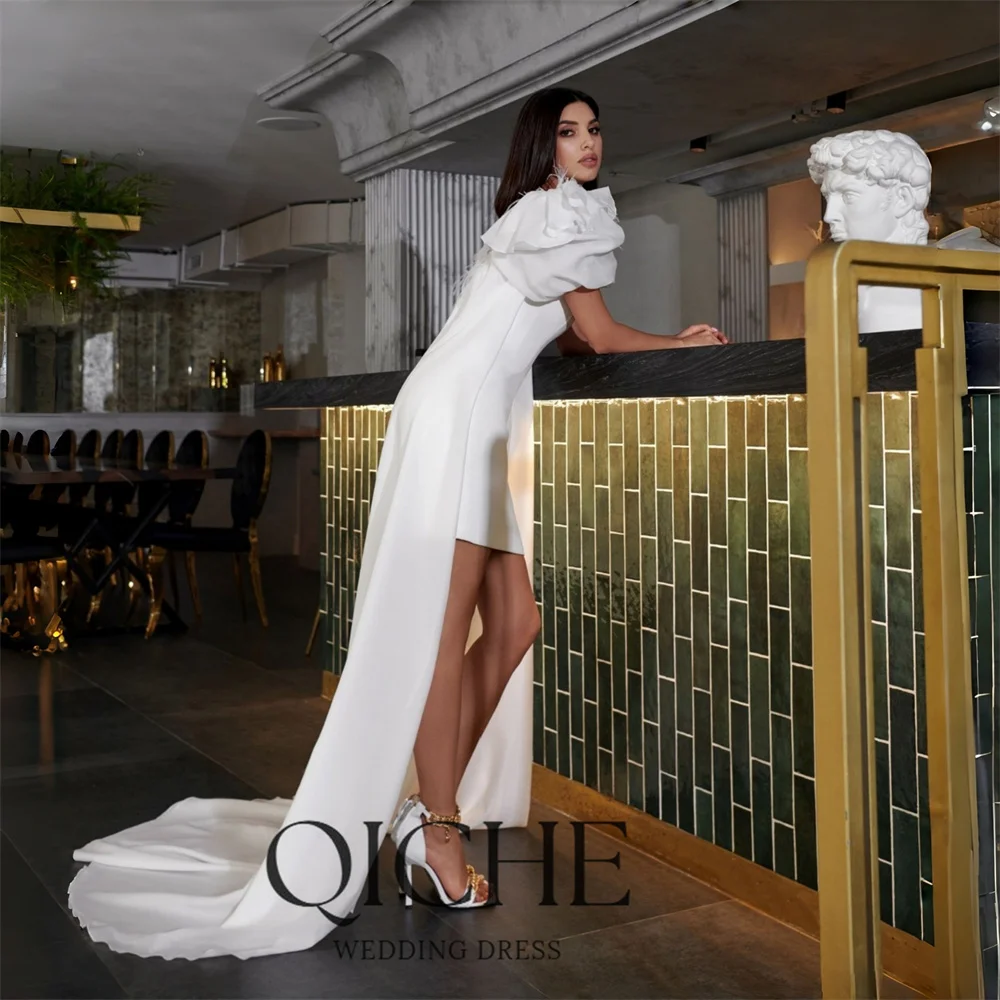 QICHE Charming Off The Shoulder Short Sheath Wedding Dress With Cape Strapless Feathers Party Gown Vestidos De Noiva Customized