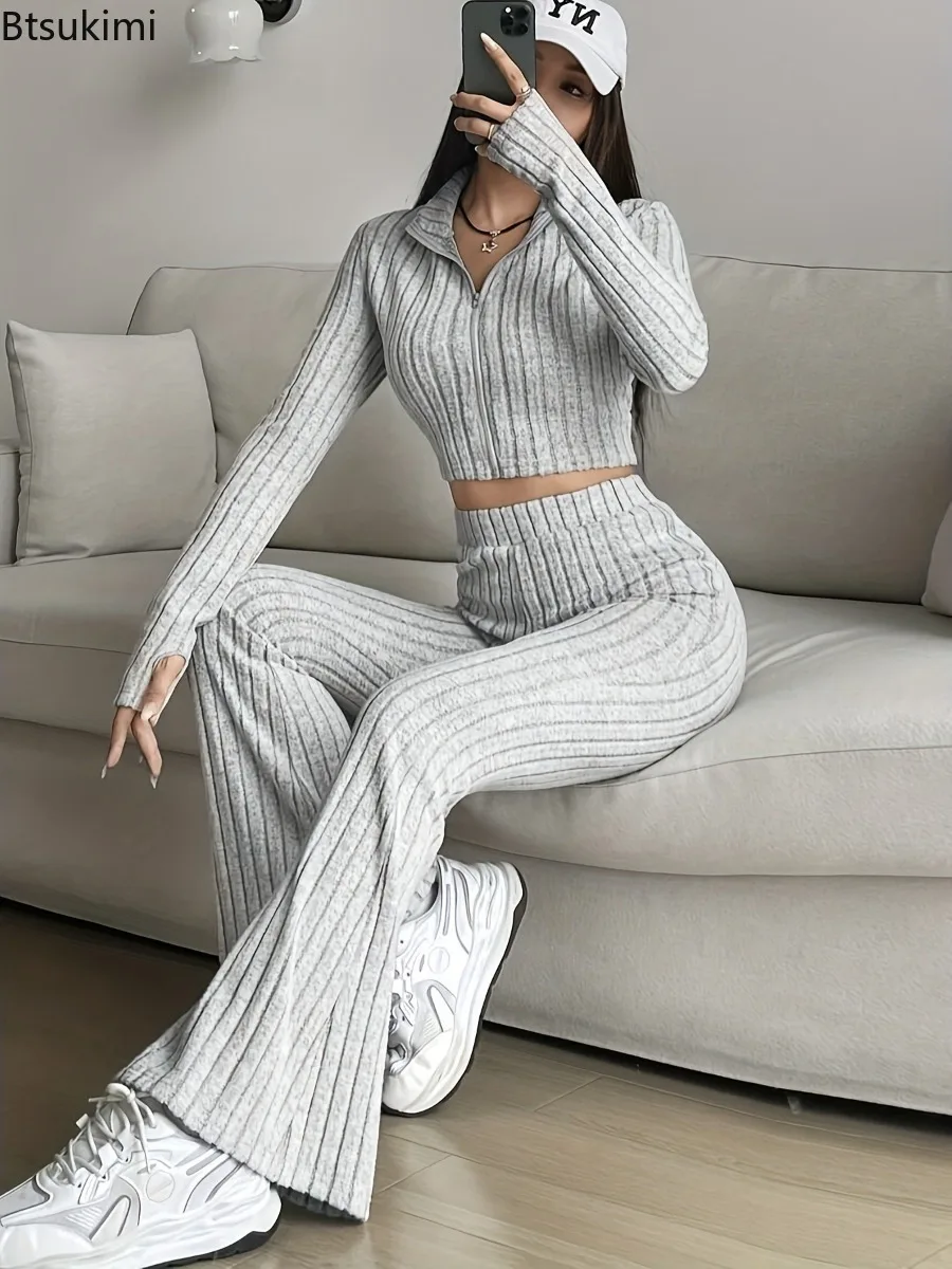 Women Fashionable Solid Color Ribbed Knitted 2-Piece Set Zipper Long Sleeve Cropped Top and High-Waisted Bell-Bottom Pants Suit
