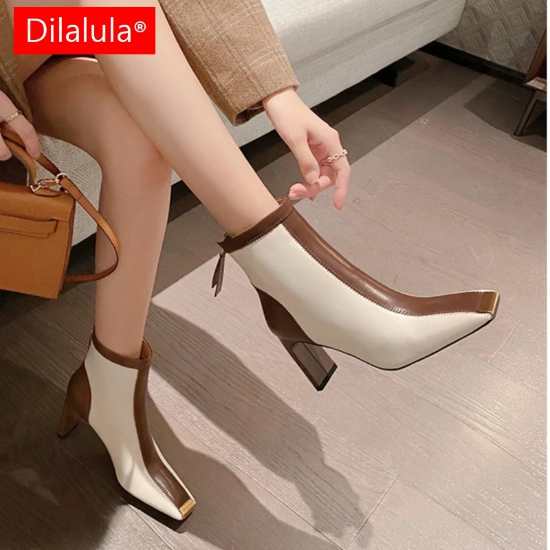 

Dilalula 2026 Real Leather Ankle Boots Women Square Metal Toe High Heels Mixed Color Short Boots Female Dress Shoes For Autumn