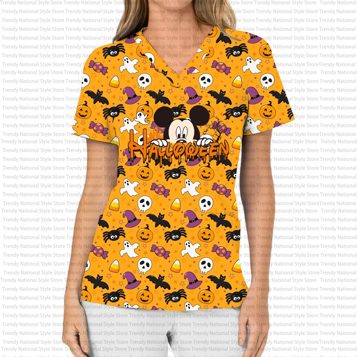ديزني ميكي وميني هالوين المرأة العمل موحدة طباعة الخامس الرقبة جيب فرك العلوي الأسنان الحيوانات الأليفة متجر صالون تجميل تي شيرت