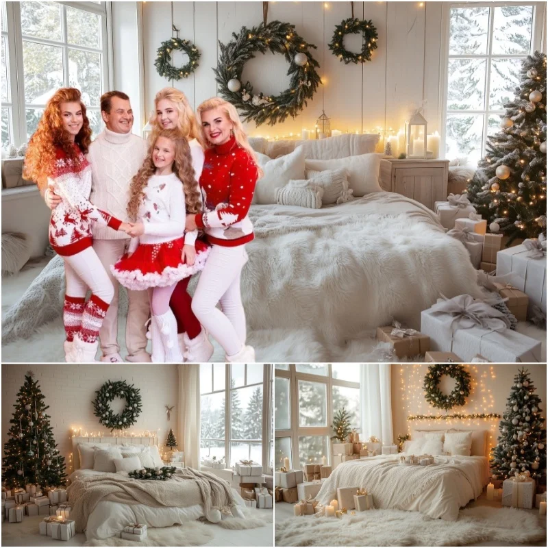 

Зимний рождественский фон для фотосъемки: Декор для семейной вечеринки, новогодняя елка, подарки, белая кровать, блестящие огни, реквизит для фотосессии