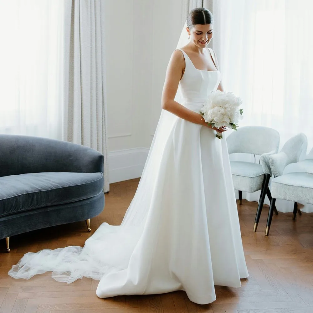 

Simple Satin Wedding Dress Square Collar Sleeveless Backless Princess A-line Women Civil Bridal Gown Customized