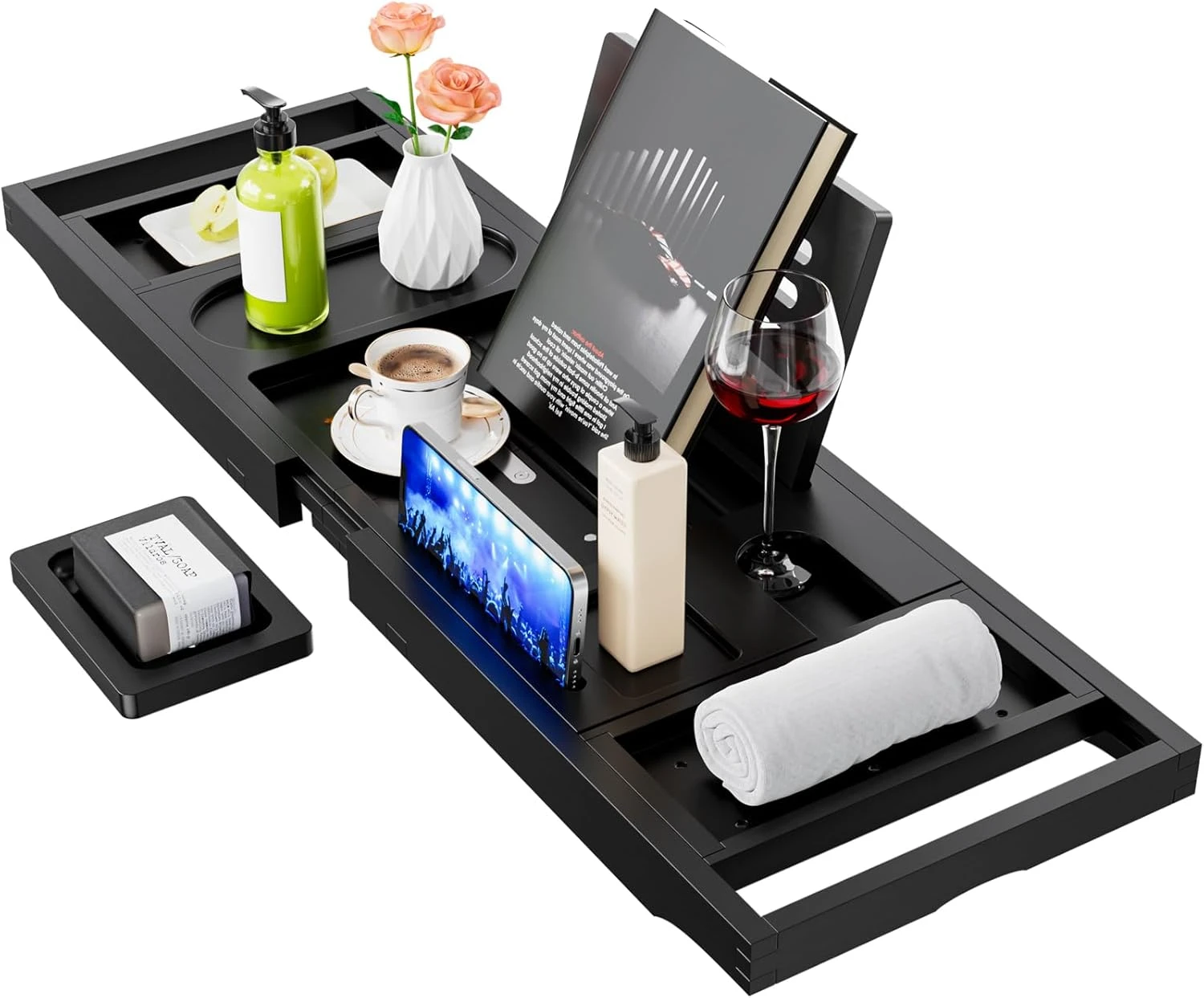 صينية حوض الاستحمام، علبة حوض استحمام قابلة للطي، صينية حمام حوض استحمام من الخيزران الفاخر قابلة للتعديل، مناسبة للعلاج المائي المنزلي #1