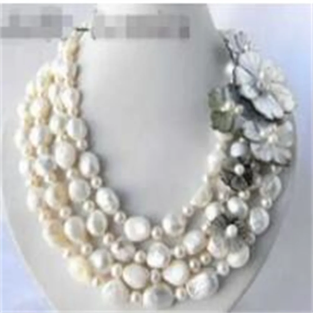 4 Strands 18 ''13mm Putih Putaran Mutiara Air Tawar Baroque Shell Bunga Necklac