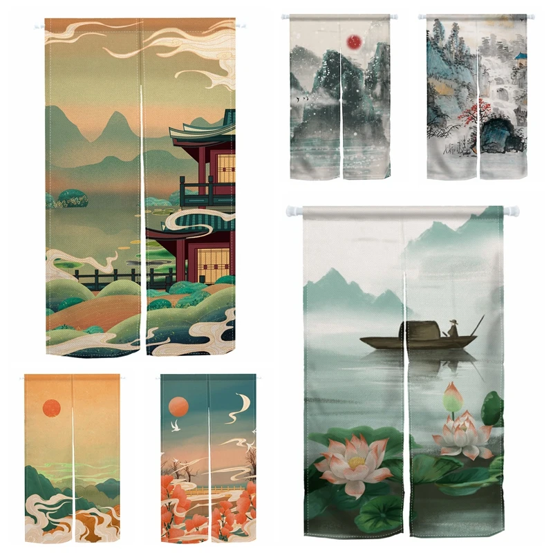 Chinese Landscape Noren Door Curtains Pavilion Linen Doorway Curtains Entryway Partition Screens Restaurant Kitchen Half curtain