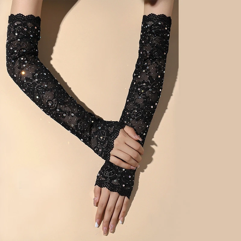 Guanti lunghi senza dita in pizzo con strass scintillanti, neri elasticizzati, estivi, per la guida e la protezione solare, maniche per braccia