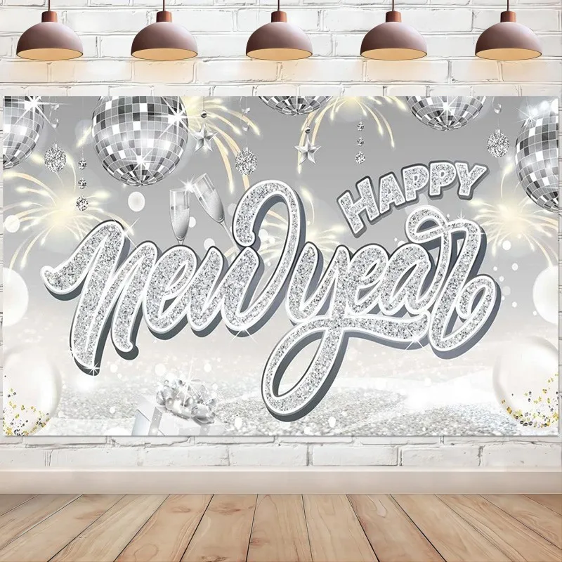 

Happy New Year Backdrop Banner Silver Glitter Photography Background Supplies Party Decoration Photo Booth Studio Props