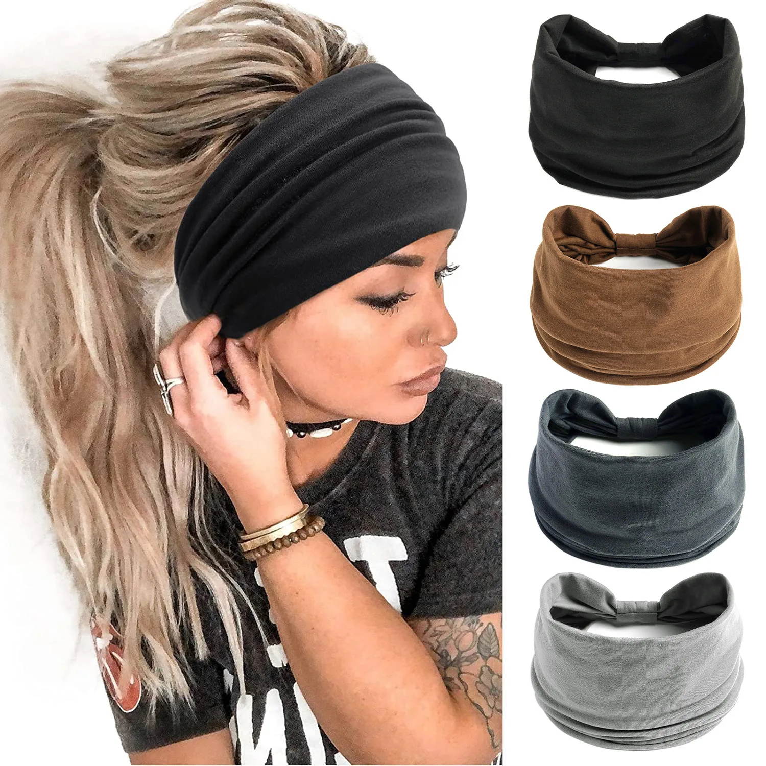 Headbands for Women Cotton Wide Headwrap Yoga Workout Hairbands Elastic Sport Head Bands Turban Bandana Bandage Hair Accessories