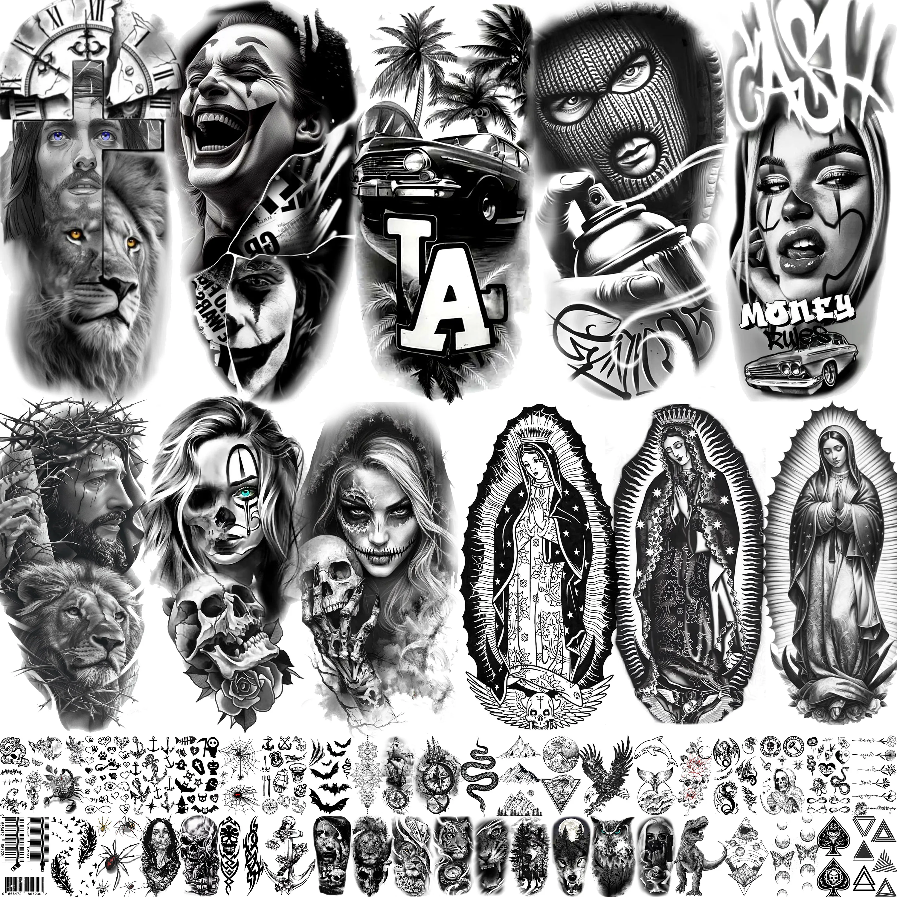 

74 Sheets Waterproof Joker Robber Gangster Temporary Tattoos For Women Men Realistic Chicano Rebellious Girl Fake Tattoo Sticker