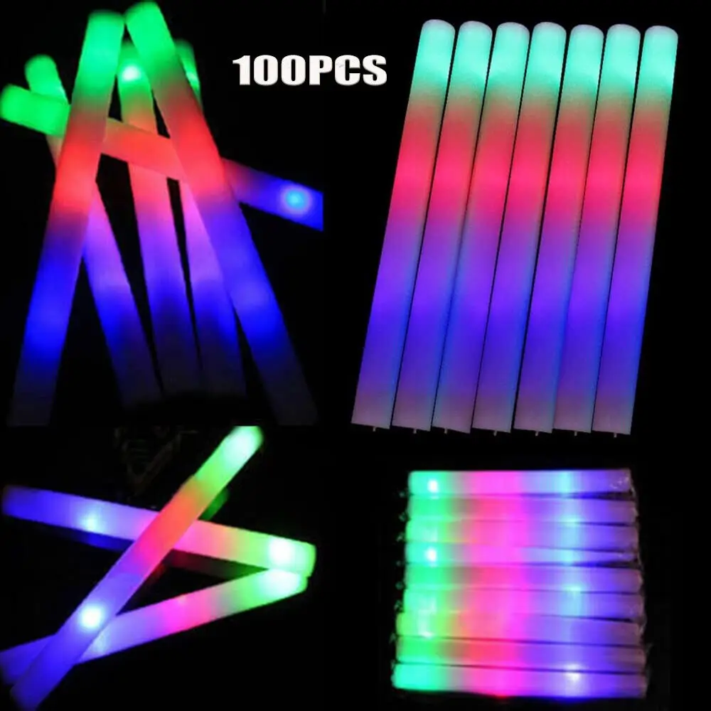 Glow Sticks Bulk 100Pack LED Light Up Foam Sticks 3 Modes Color Flashing,Glow Party Supplies for Wedding Birthday Concert