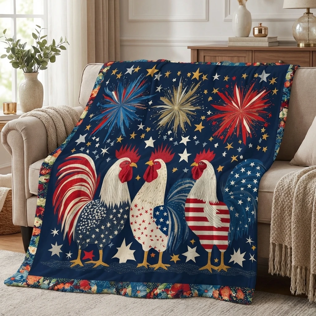 1PC 4th of July Stars & Stripes Roosters Thickened Flannel Throw Blanket, Cozy Portable Fleece Throw, Great Gift for Boys Girls
