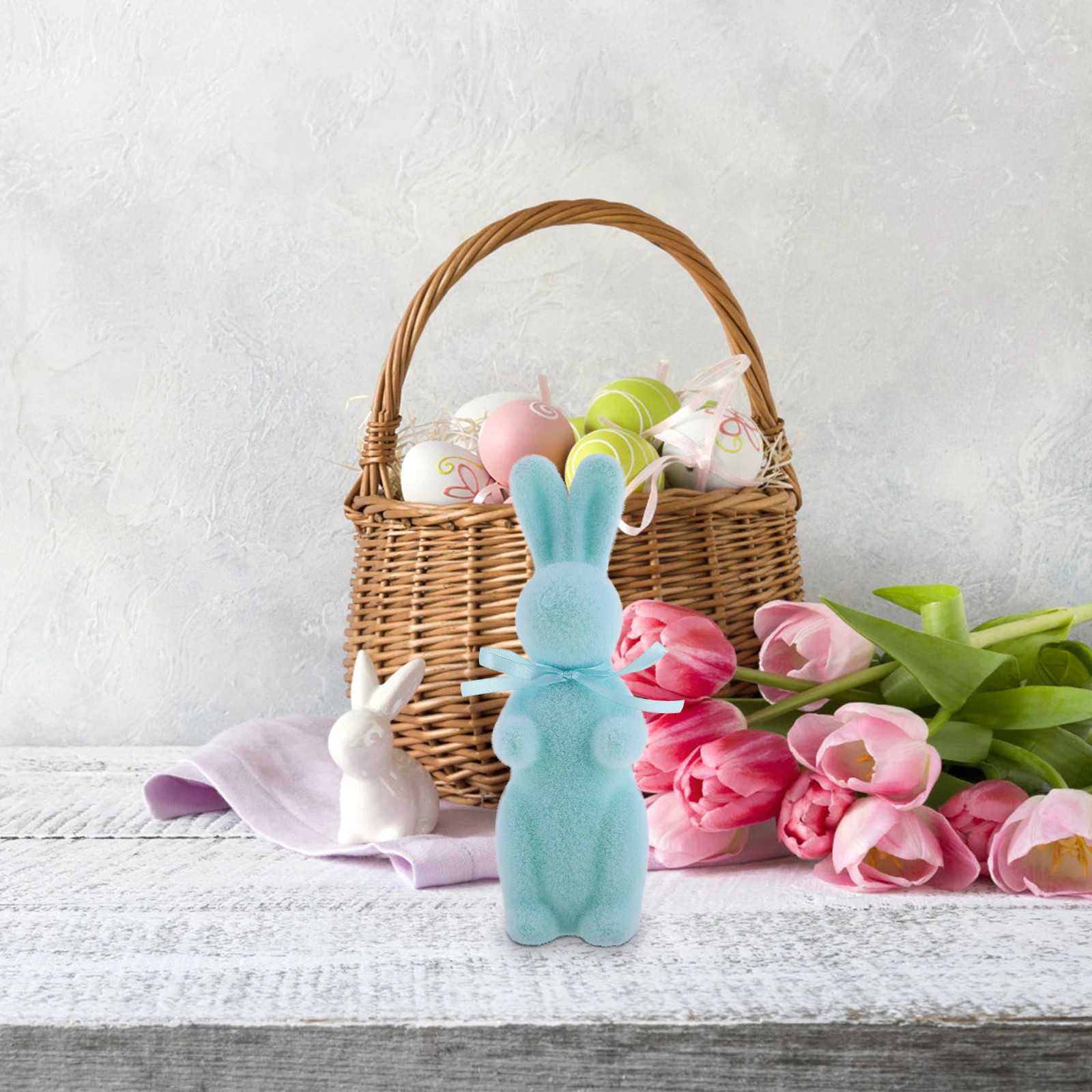 

Rabbit Decoration Flocked Bunny Statue for Easter Home Garden Yard Tabletop Display Sky-Blue Soft Foam Build Compact Exquisite