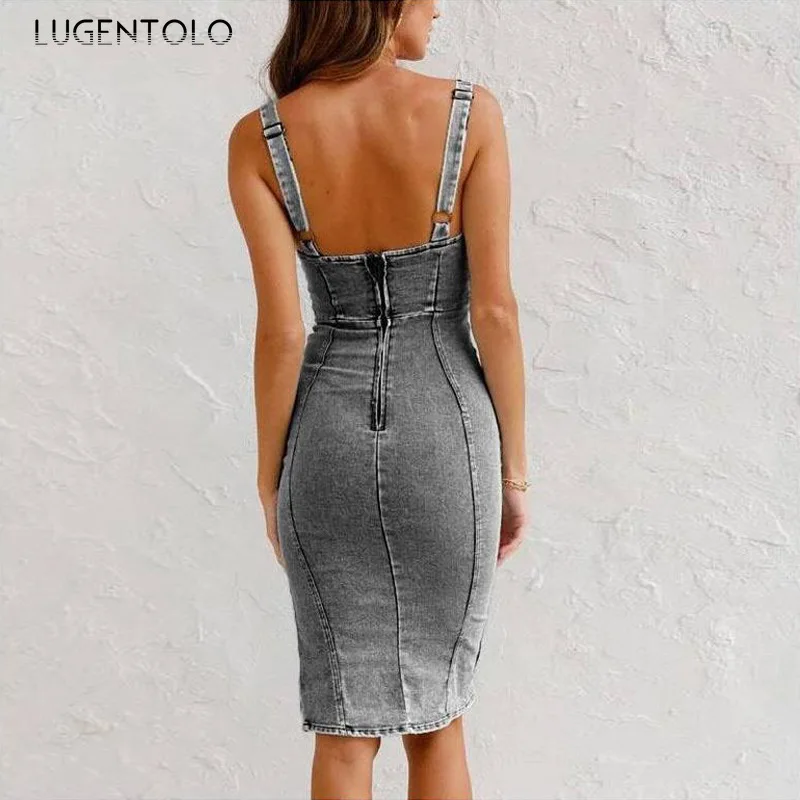 Robe en jean pour femmes, Sexy, dos nu, mode, bretelles, en détresse, Slim, sans manches, nouvelle fermeture éclair, tissu Midi solide, été